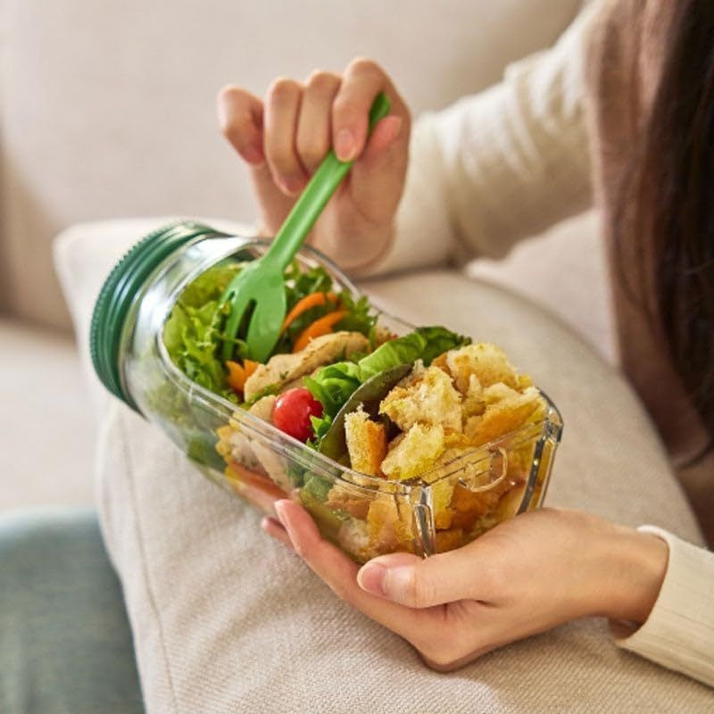 Caserola pentru Salata Tip Borcan, Container Gradat in ml pentru Depozitare si Transport, Plastic PP, 1L, 19 x 10 x 10 cm, Transparent cu Capac Rosu