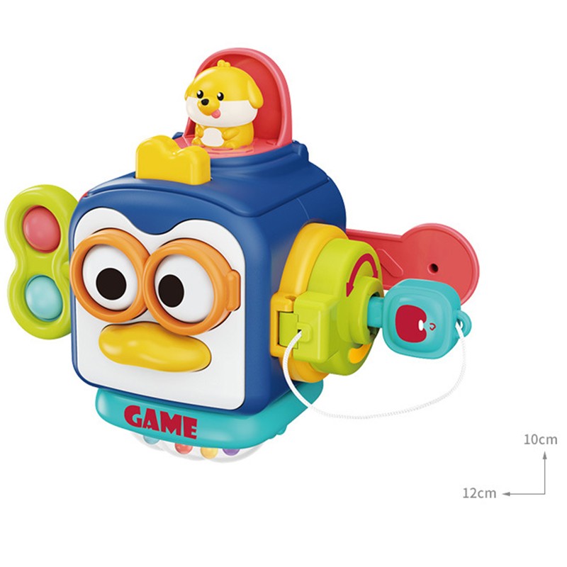 Jucarie Interactiva Montessori pentru Bebelusi, Cub de Activitati Pinguin Ocupat, Educativa si Senzoriala, Plastic ABS, 18+ Luni, 13 x 11 x 11 cm, Albastru/Multicolor