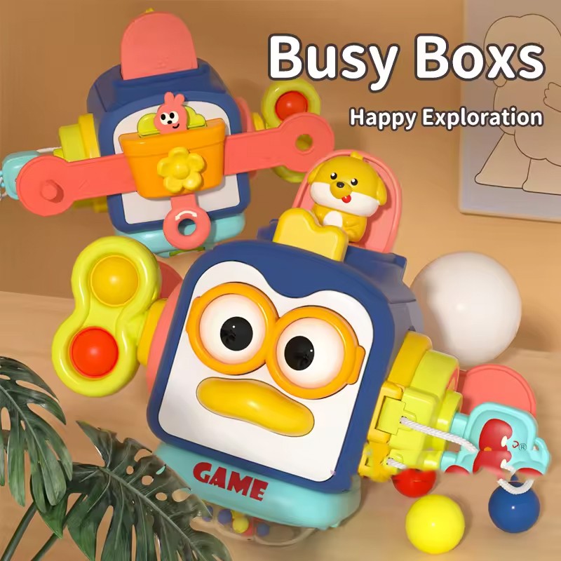 Jucarie Interactiva Montessori pentru Bebelusi, Cub de Activitati Pinguin Ocupat, Educativa si Senzoriala, Plastic ABS, 18+ Luni, 13 x 11 x 11 cm, Albastru/Multicolor