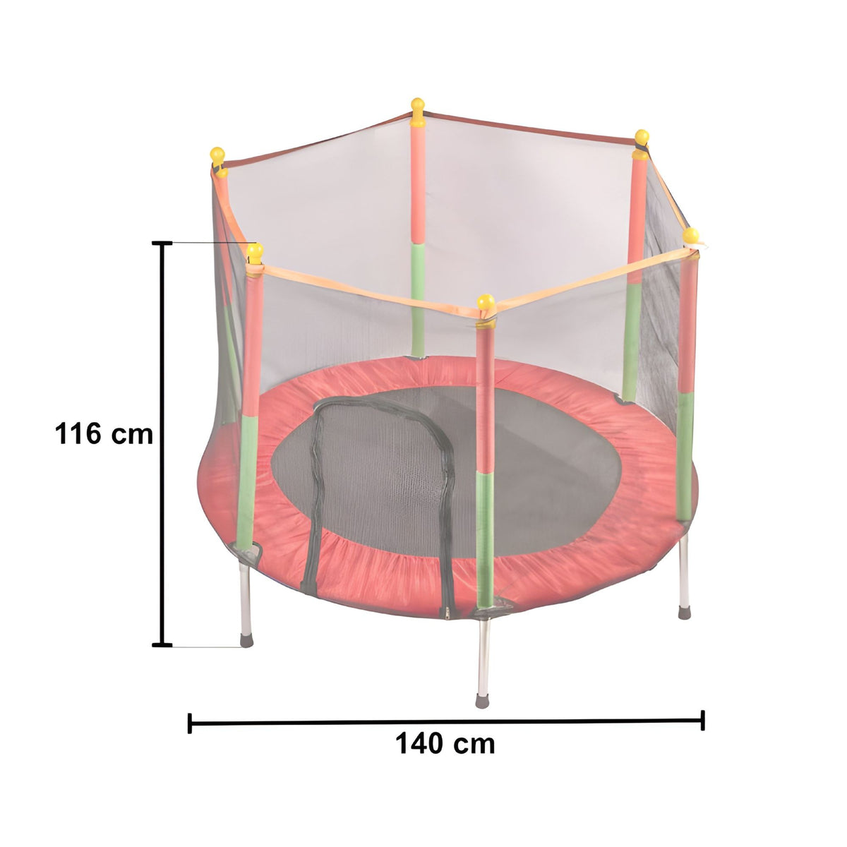 Trambulina pentru Copii si Gradina, Plasa de Protectie Inalta cu Fermoar, Structura Metalica, Interior si Exterior, Sarcina Maxima 150 kg, 140 x 116 cm, Rosu/Verde
