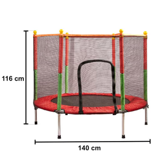 Trambulina pentru Copii si Gradina, Plasa de Protectie Inalta cu Fermoar, Structura Metalica, Interior si Exterior, Sarcina Maxima 150 kg, 140 x 116 cm, Rosu/Verde