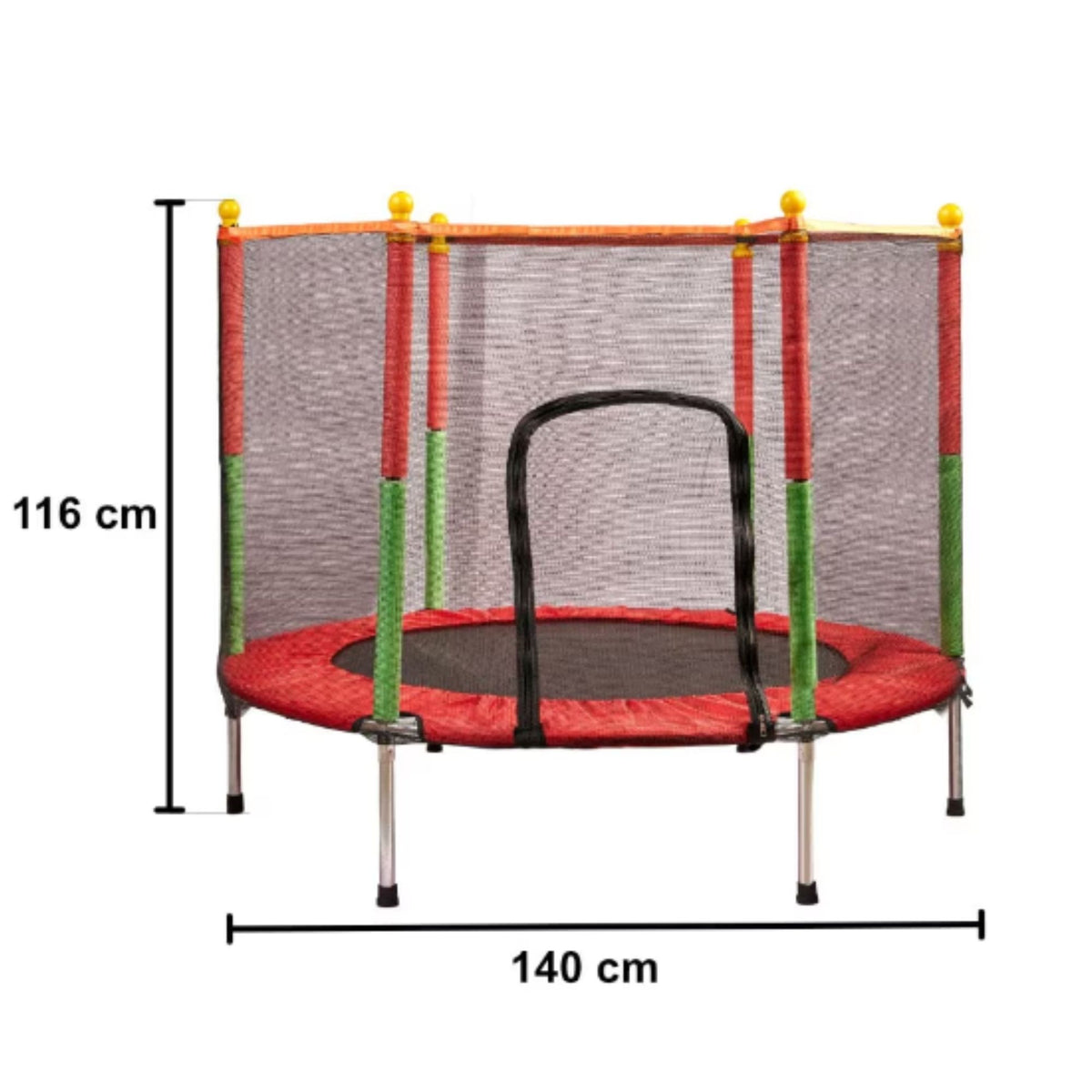Trambulina pentru Copii si Gradina, Plasa de Protectie Inalta cu Fermoar, Structura Metalica, Interior si Exterior, Sarcina Maxima 150 kg, 140 x 116 cm, Rosu/Verde