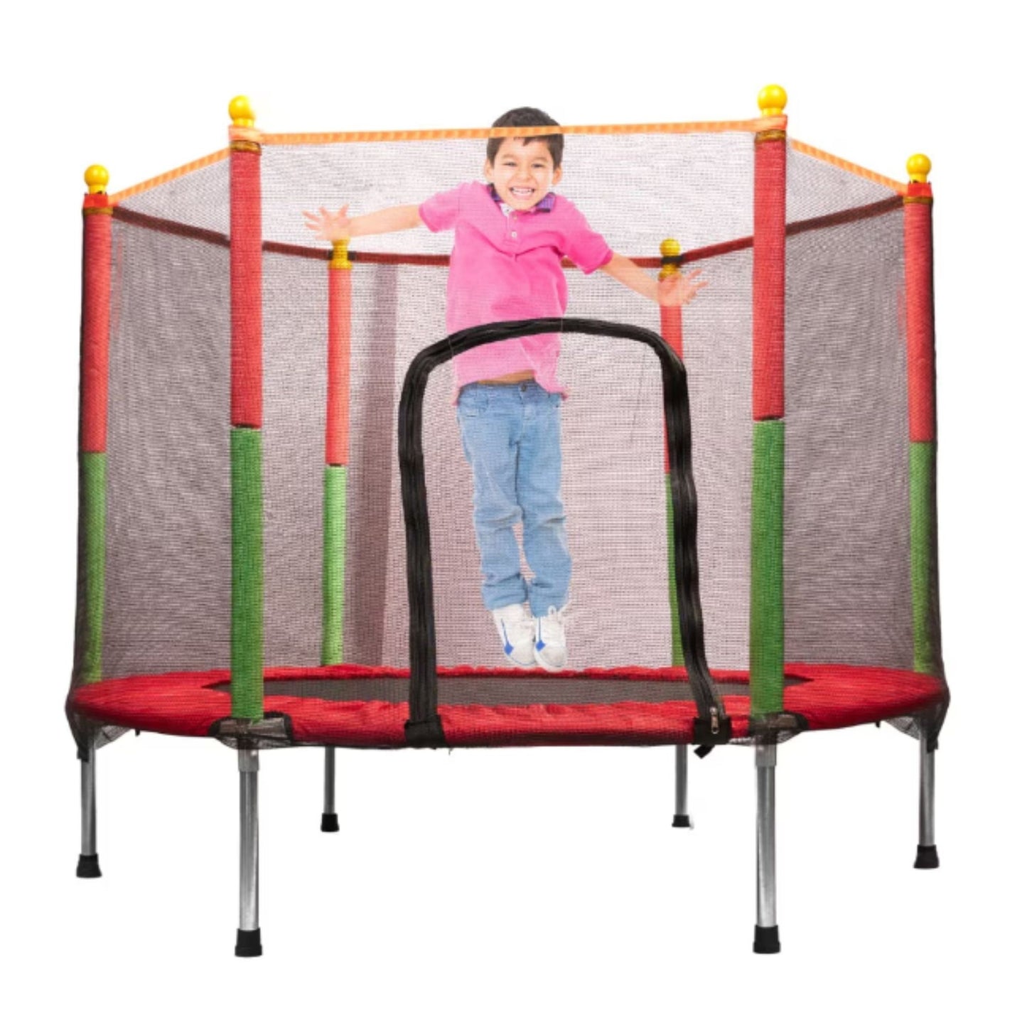 Trambulina pentru Copii si Gradina, Plasa de Protectie Inalta cu Fermoar, Structura Metalica, Interior si Exterior, Sarcina Maxima 150 kg, 140 x 116 cm, Rosu/Verde
