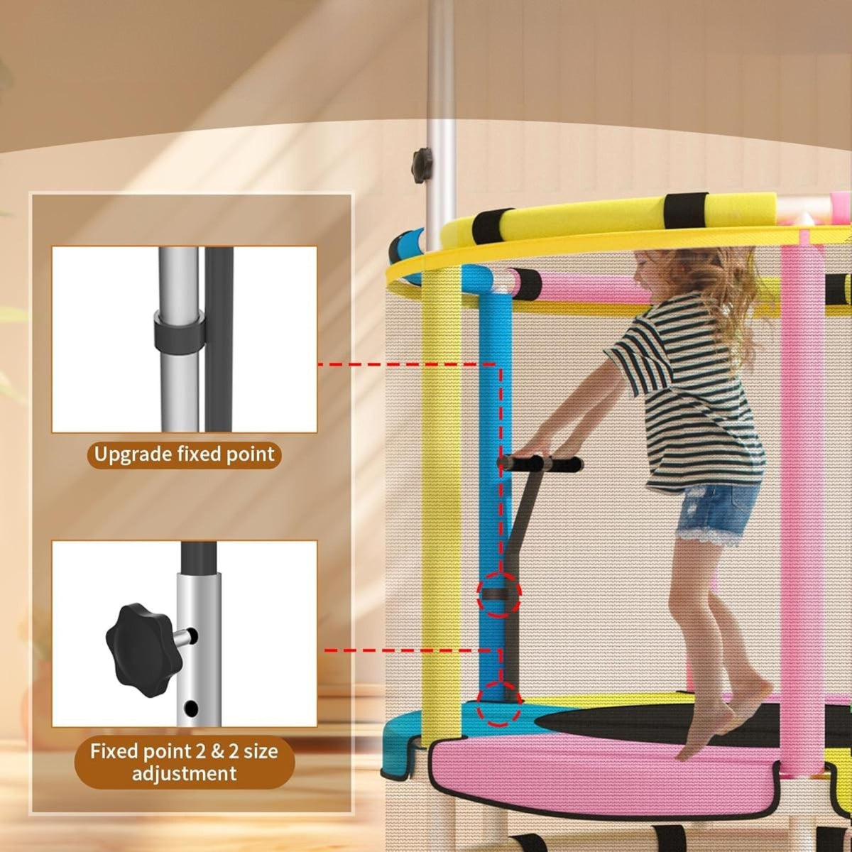 Trambulina pentru Copii, Interior si Gradina, cu Plasa de Siguranta, Bara de Gimnastica si Sac de Box, Cadru Otel Galvanizat, Capacitate 200 kg, 140 cm, 3+ ani, Multicolor