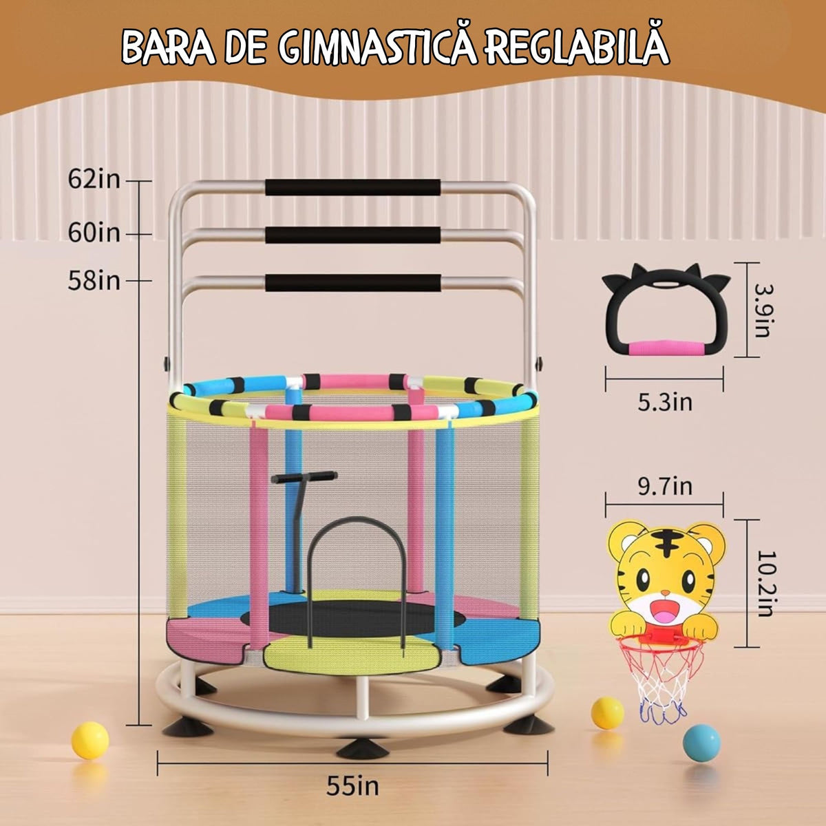 Trambulina pentru Copii, Interior si Gradina, cu Plasa de Siguranta, Bara de Gimnastica si Sac de Box, Cadru Otel Galvanizat, Capacitate 200 kg, 140 cm, 3+ ani, Multicolor