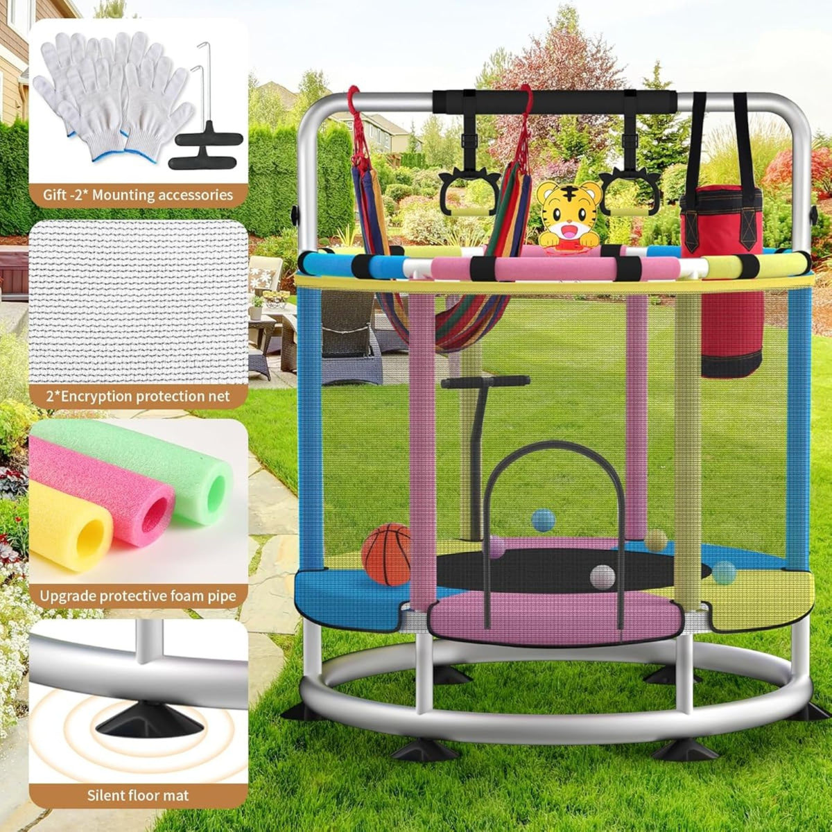 Trambulina pentru Copii, Interior si Gradina, cu Plasa de Siguranta, Bara de Gimnastica si Sac de Box, Cadru Otel Galvanizat, Capacitate 200 kg, 140 cm, 3+ ani, Multicolor