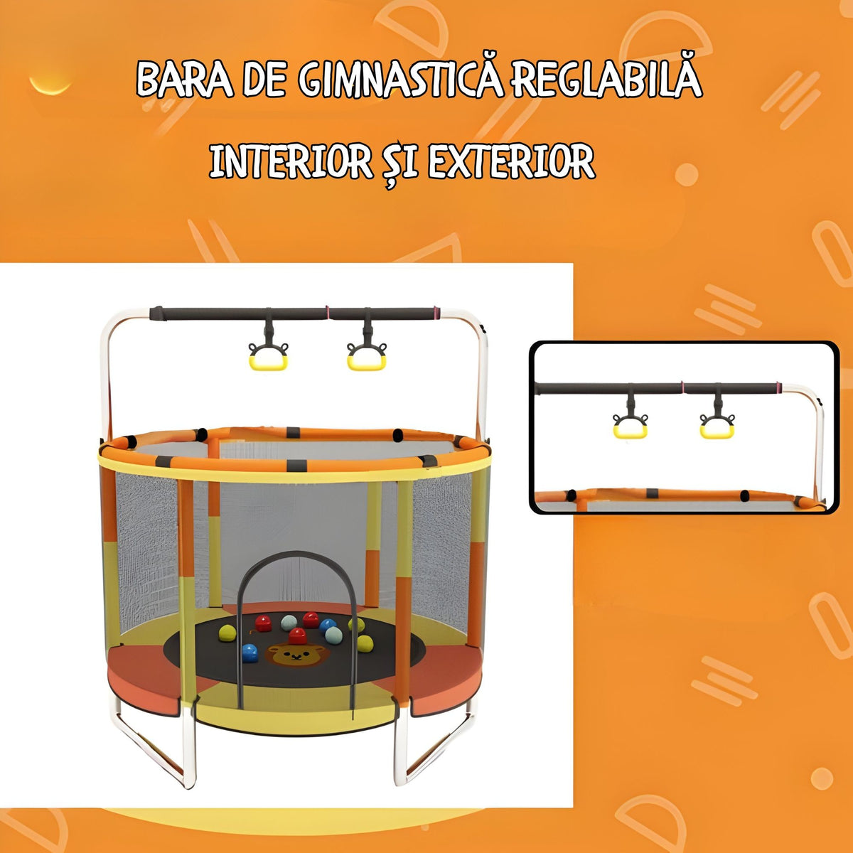 Trambulina pentru Copii de Gradina si Interior, cu Plasa de Siguranta, Bara Gimnastica si Sac de Box, Otel Galvanizat, 140 cm, Capacitate 200 kg, Galben/Portocaliu
