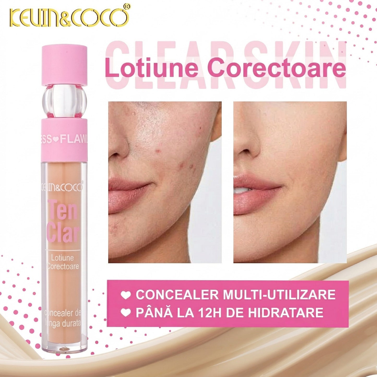 Kevin Coco Corector Lichid Ten Clear Skin, Acoperire Medie si Textura Cremoasa, Formula Rezistenta, Nuanta Bej Deschis, Subton Roz Piersica, 5 g