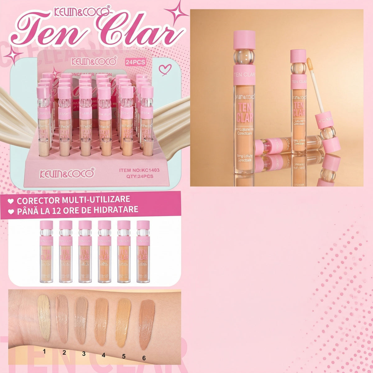 Kevin Coco Corector Lichid Ten Clear Skin, Acoperire Medie si Textura Cremoasa, Formula Rezistenta, Nuanta Bej Deschis, Subton Roz Piersica, 5 g