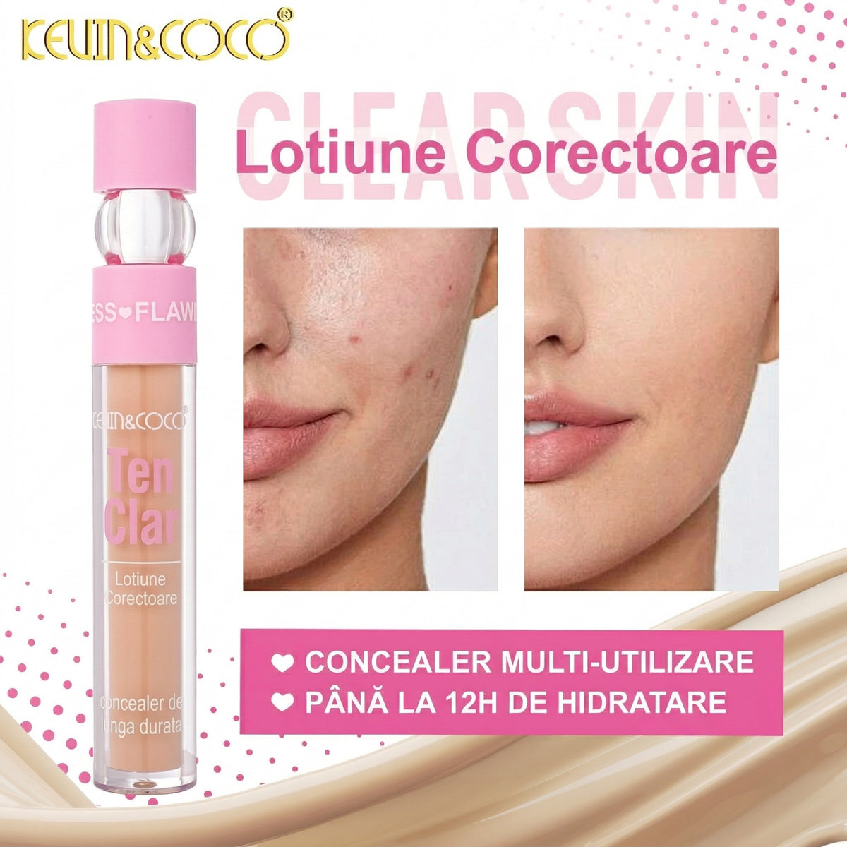 Kevin Coco Corector Lichid pentru Ten, Formula Clear Skin, Acoperire Uniforma, Nuanta Cedar
