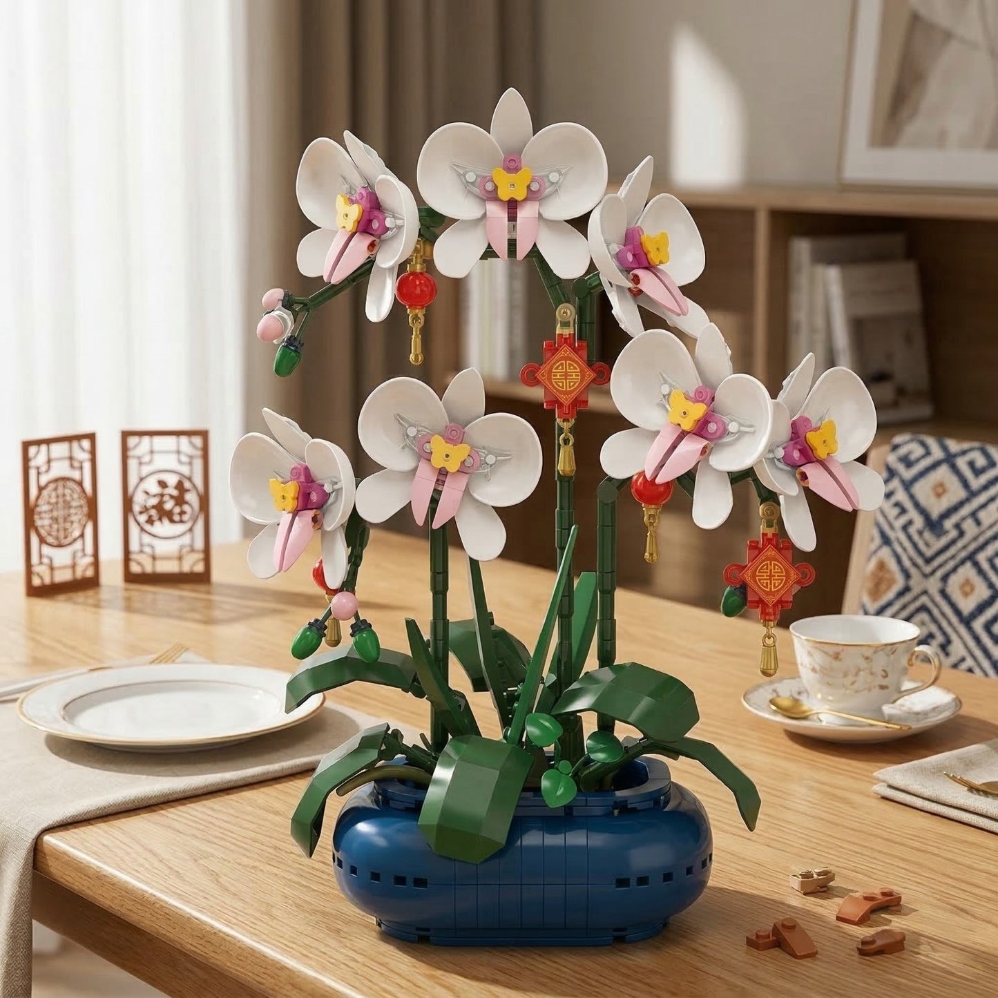 Set de Constructie Orhidee in Vaza, Planta Artificiala Decorativa, Model Floral Creativ Adulti si Copii, 587 Piese, Alb/Mov