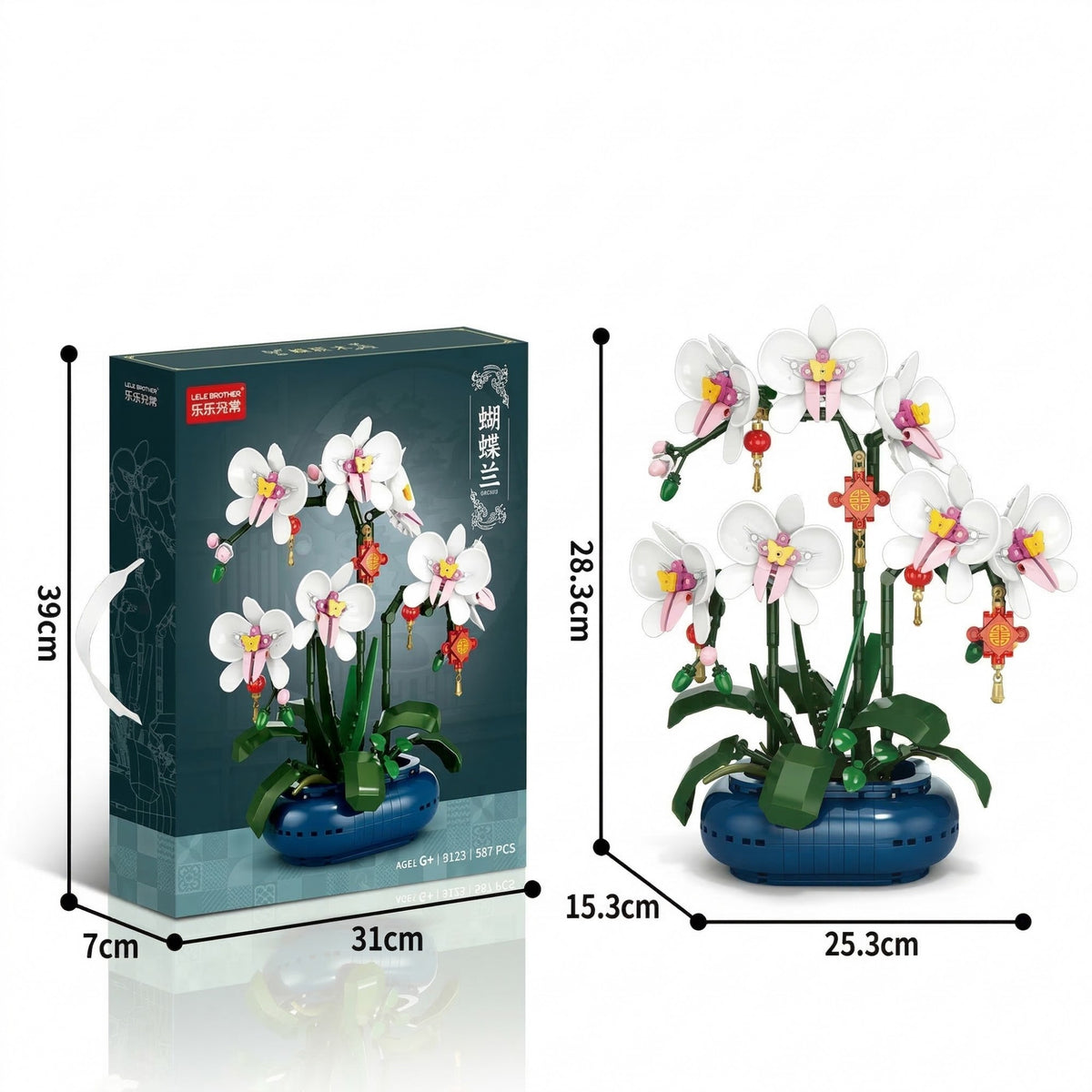 Set de Constructie Orhidee in Vaza, Planta Artificiala Decorativa, Model Floral Creativ Adulti si Copii, 587 Piese, Alb/Mov