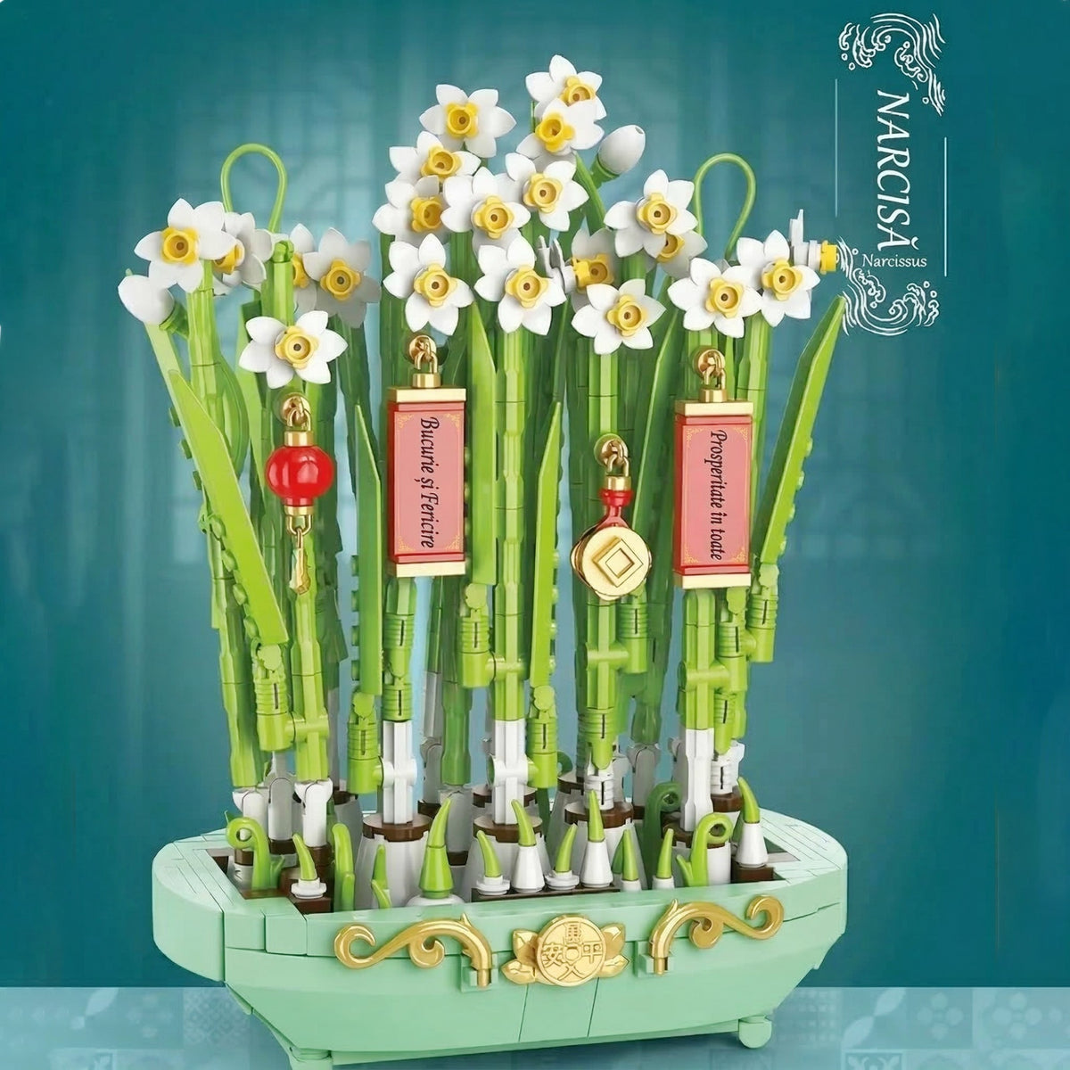 Set de Constructie Narcise Decorative, Aranjament Floral cu Suport si Elemente Suspendate, Planta Artificiala, 778 Piese, Varsta 6+ Ani, 17.2 x 12 x 22.7 cm