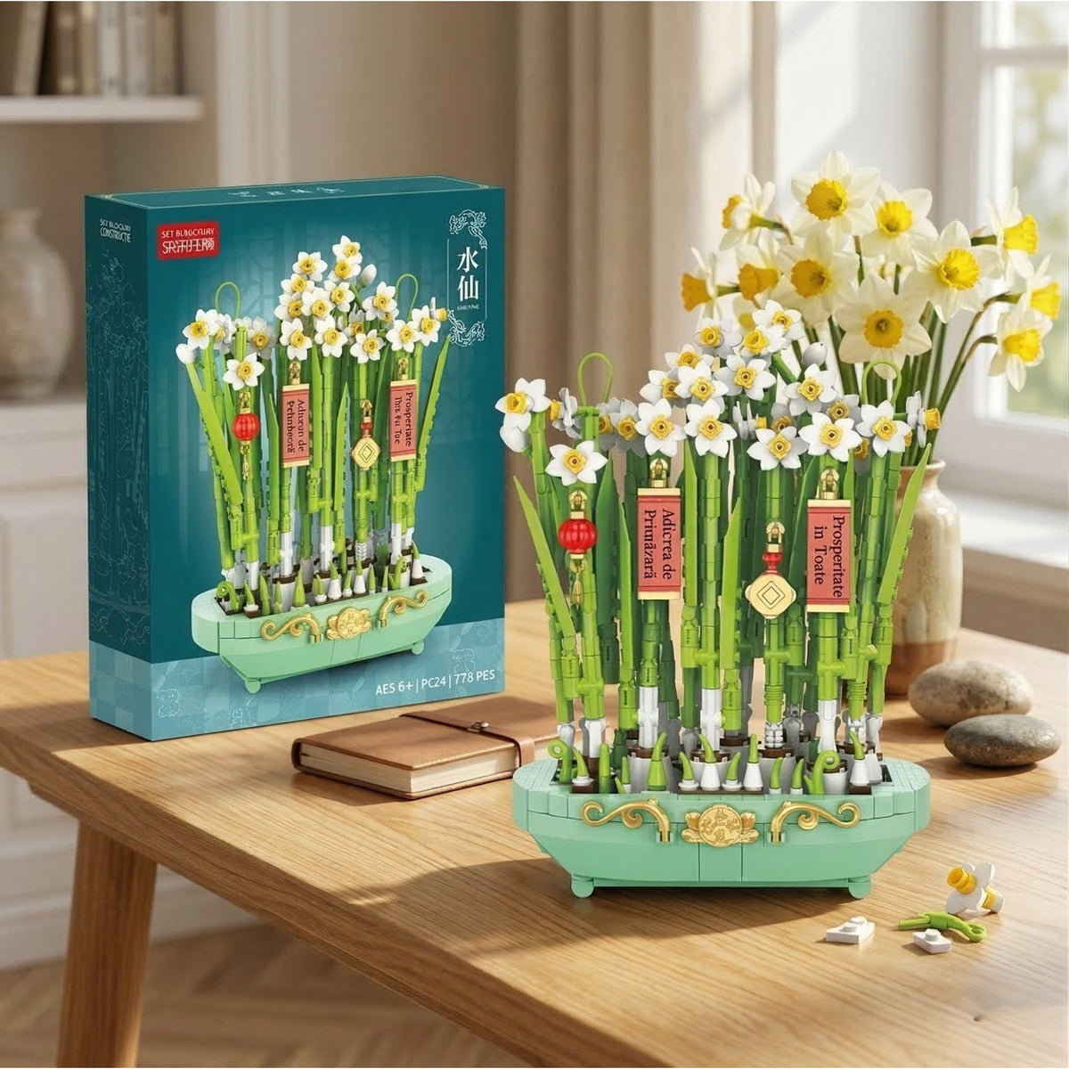 Set de Constructie Narcise Decorative, Aranjament Floral cu Suport si Elemente Suspendate, Planta Artificiala, 778 Piese, Varsta 6+ Ani, 17.2 x 12 x 22.7 cm