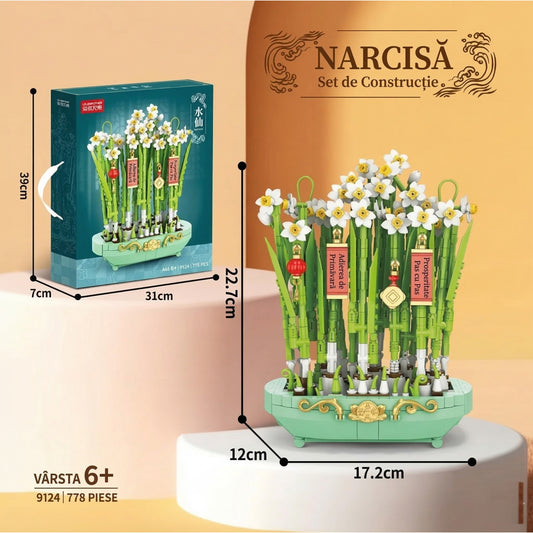 Set de Constructie Narcise Decorative, Aranjament Floral cu Suport si Elemente Suspendate, Planta Artificiala, 778 Piese, Varsta 6+ Ani, 17.2 x 12 x 22.7 cm