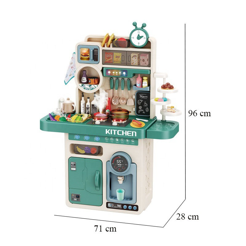 Bucatarie Multifunctionala pentru Copii, Joc de Rol cu Sunete, Lumini si Efect Abur, Plastic, 93 Piese, 96 x 71 x 28 cm, Verde/Crem