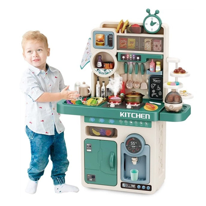 Bucatarie Multifunctionala pentru Copii, Joc de Rol cu Sunete, Lumini si Efect Abur, Plastic, 93 Piese, 96 x 71 x 28 cm, Verde/Crem