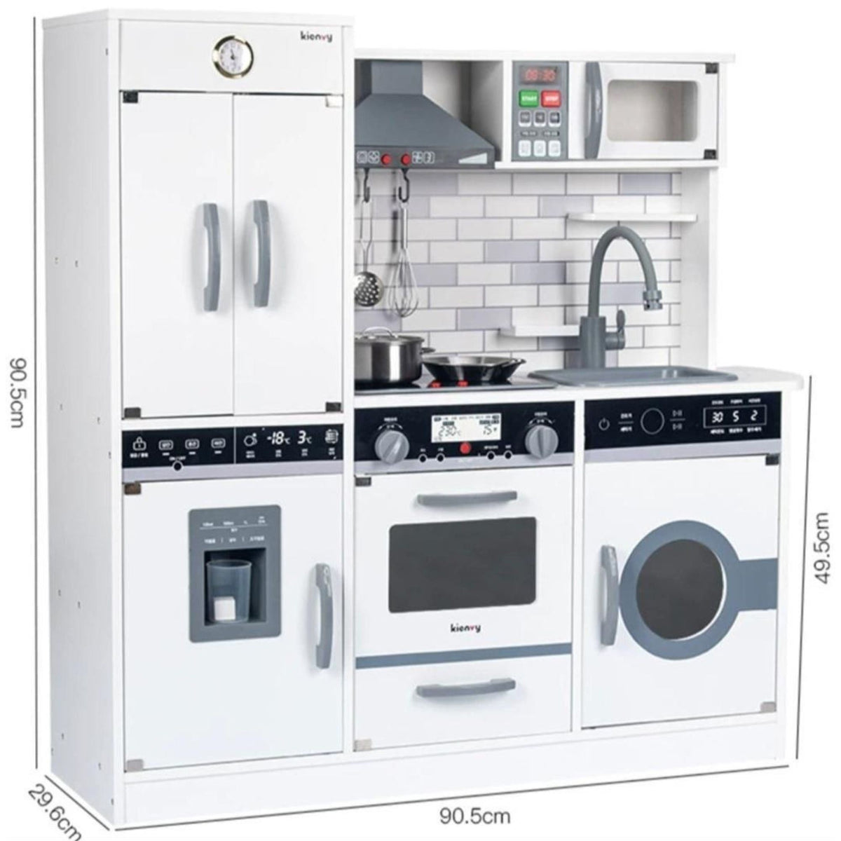 Bucatarie pentru Copii din Lemn, Centru de Activitati Multifunctional cu Sunete si Lumini, Frigider, Cuptor, Chiuveta si Hota, Jucarie de Rol, 90 x 90 x 30 cm, Alb