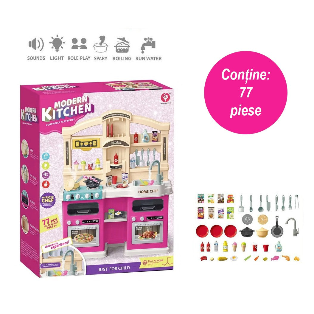 Bucatarie Multifunctionala pentru Copii Modern Kitchen Home Chef, Efecte Lumini si Sunete, Aburi si Circuit Apa, Plastic, 77 Accesorii, 83 x 66 x 24 cm, Roz