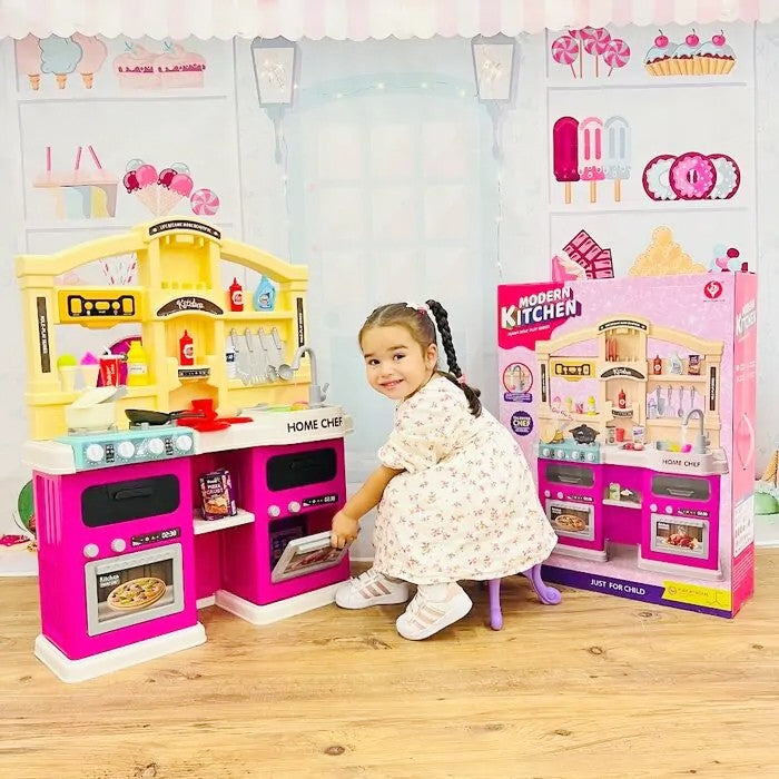 Bucatarie Multifunctionala pentru Copii Modern Kitchen Home Chef, Efecte Lumini si Sunete, Aburi si Circuit Apa, Plastic, 77 Accesorii, 83 x 66 x 24 cm, Roz