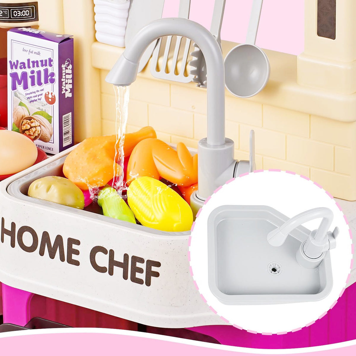 Bucatarie Multifunctionala pentru Copii Modern Kitchen Home Chef, Efecte Lumini si Sunete, Aburi si Circuit Apa, Plastic, 77 Accesorii, 83 x 66 x 24 cm, Roz