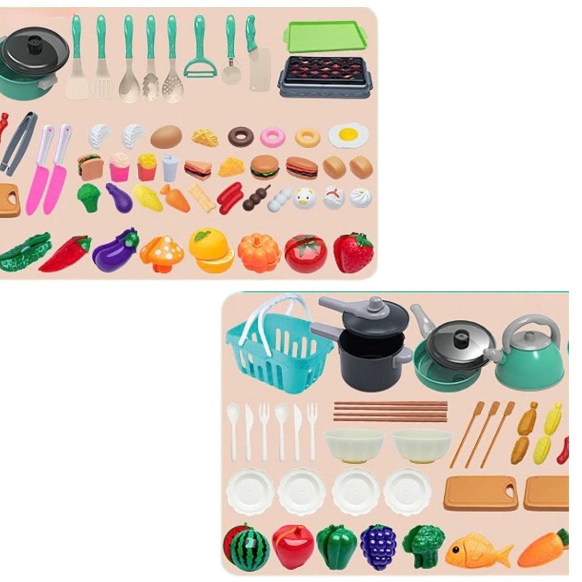Set Accesorii de Bucatarie pentru Copii, Mancare de Jucarie si Ustensile Gatit, Educativ Montessori, Plastic ABS, 91 Piese, 3+ Ani, Multicolor