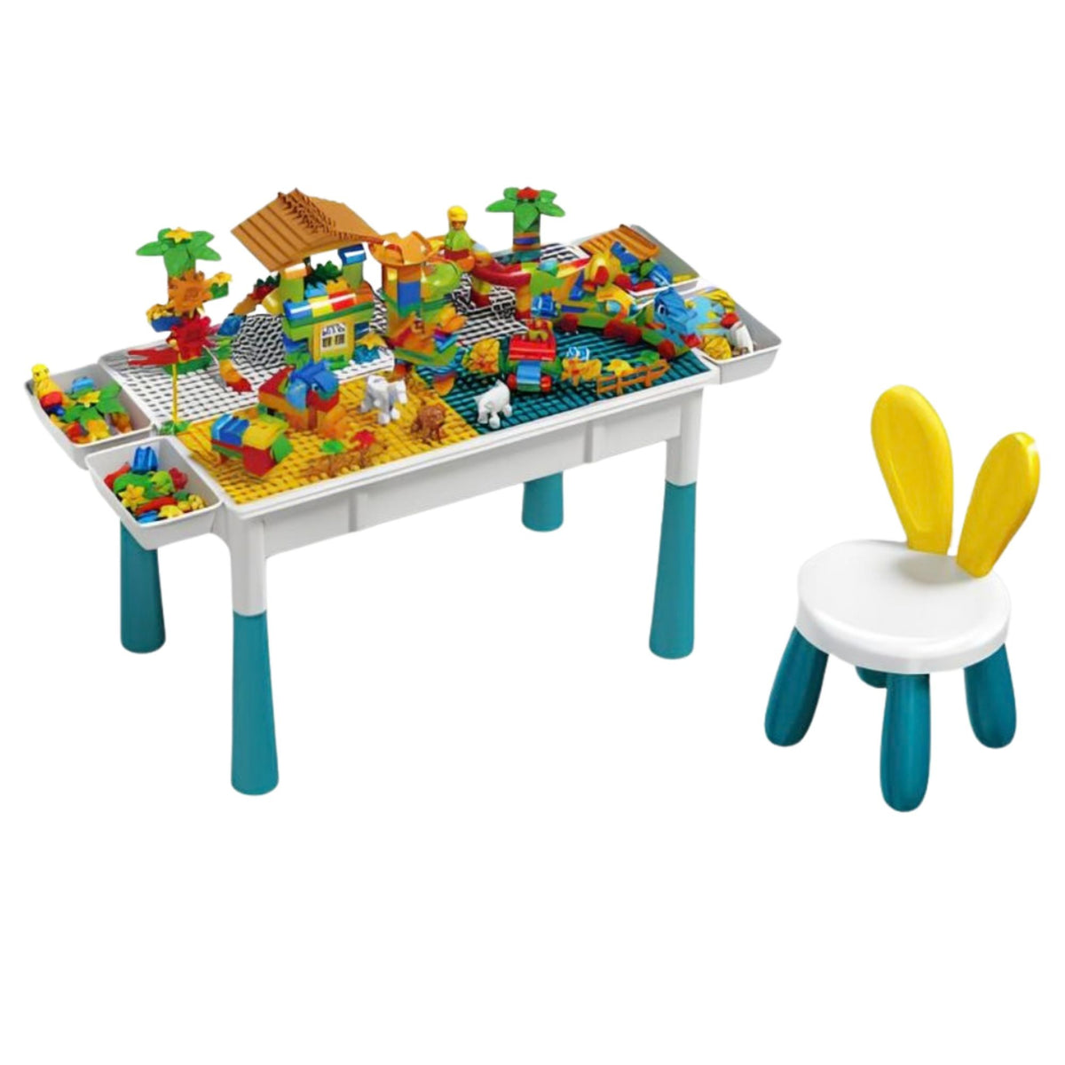 Masuta Multifunctionala si Educativa pentru Copii, Blat Reversibil Compatibil LEGO Duplo, Spatiu Joaca Apa si Nisip, Plastic Rezistent, include Scaunel Bunny si Set 156 Piese, 4 Cutii Depozitare, Multicolor