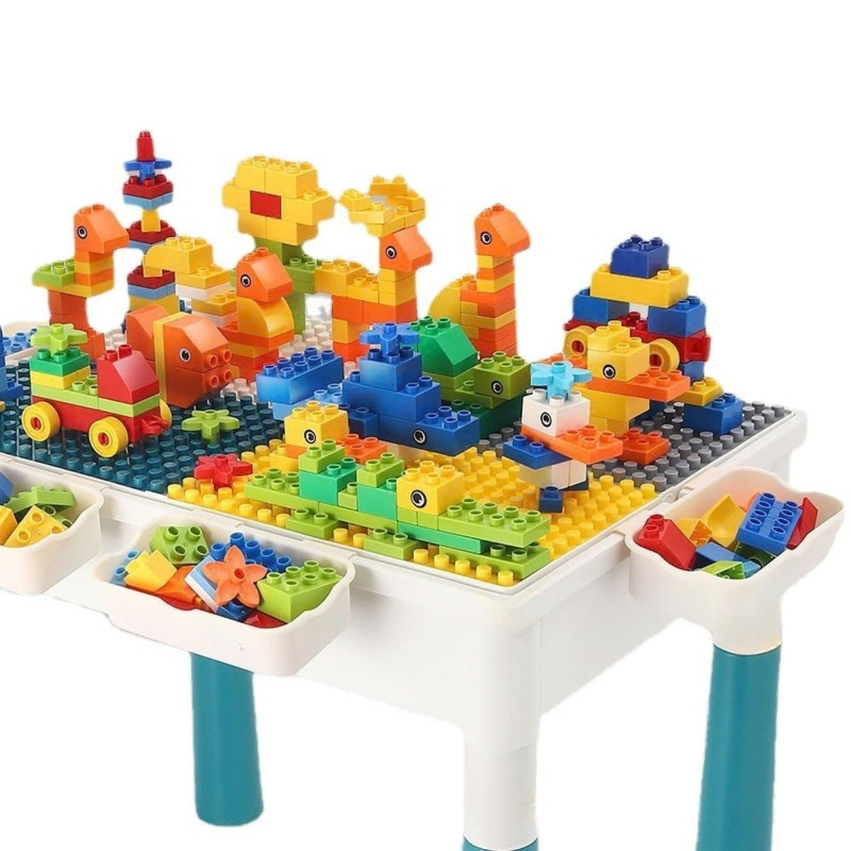 Masuta Multifunctionala si Educativa pentru Copii, Blat Reversibil Compatibil LEGO Duplo, Spatiu Joaca Apa si Nisip, Plastic Rezistent, include Scaunel Bunny si Set 156 Piese, 4 Cutii Depozitare, Multicolor