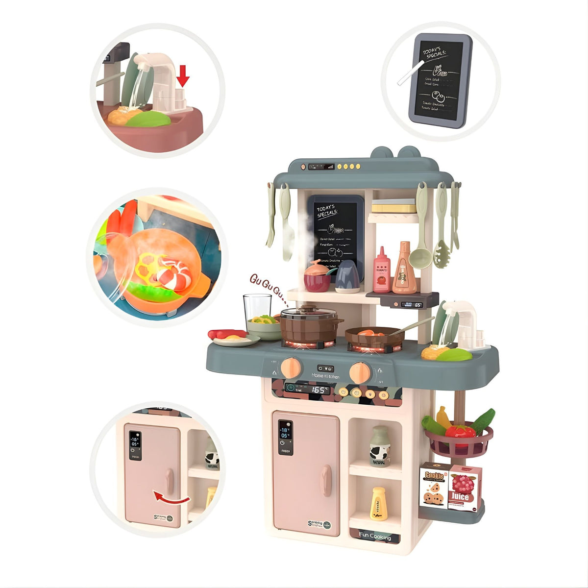 Bucatarie de Jucarie pentru Copii, Multifunctionala, cu Abur Real, Lumini, Sunete si Robinet cu Apa, 42 Accesorii, Plastic, 46 x 22 x 63 cm, Bej/Gri Inchis
