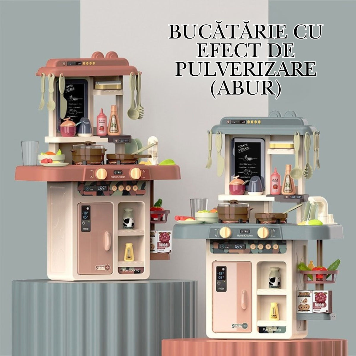 Bucatarie de Jucarie pentru Copii, Multifunctionala, cu Abur Real, Lumini, Sunete si Robinet cu Apa, 42 Accesorii, Plastic, 46 x 22 x 63 cm, Bej/Gri Inchis