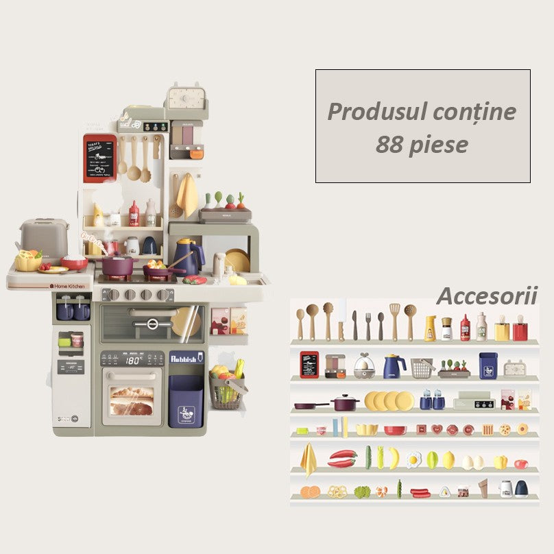 Bucatarie pentru Copii Spray Kitchen, Set de Joaca Interactiv cu Lumini si Sunete Realiste, Efect de Abur, Chiuveta cu Flux de Apa, Plastic ABS, 88 Piese, 93 x 69 x 27 cm, Gri/Verde