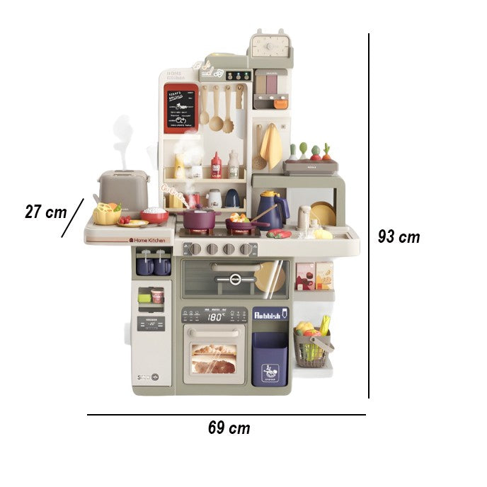 Bucatarie pentru Copii Spray Kitchen, Set de Joaca Interactiv cu Lumini si Sunete Realiste, Efect de Abur, Chiuveta cu Flux de Apa, Plastic ABS, 88 Piese, 93 x 69 x 27 cm, Gri/Verde