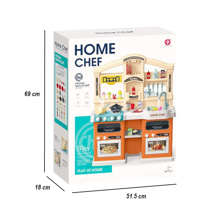 Bucatarie Multifunctionala pentru Copii Modern Kitchen Home Chef, Efecte Aburi, Lumini si Sunete, Robinet cu Circuit Apa, Plastic, 77 Piese, 83 x 66 x 24 cm, Portocaliu