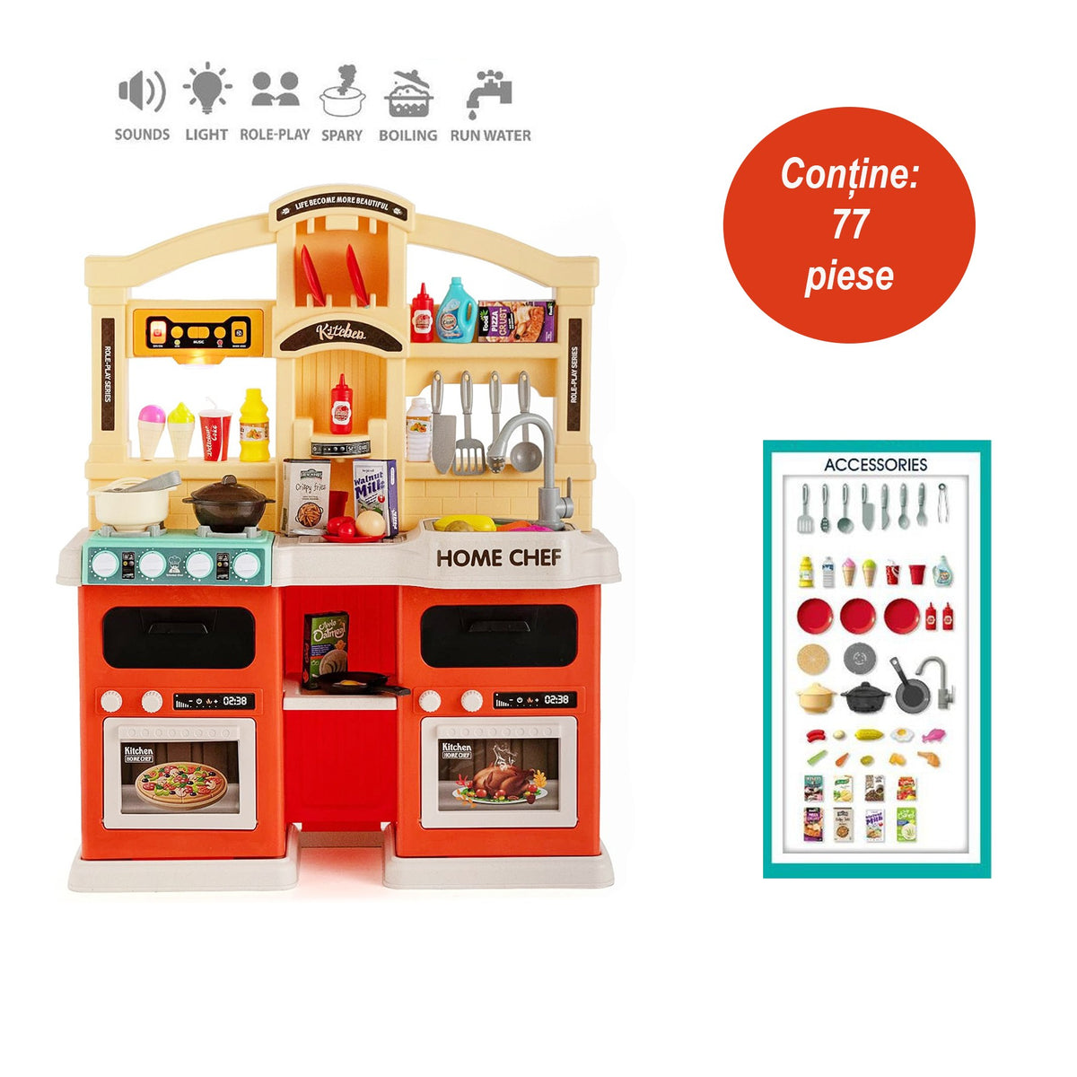 Bucatarie Multifunctionala pentru Copii Modern Kitchen Home Chef, Efecte Aburi, Lumini si Sunete, Robinet cu Circuit Apa, Plastic, 77 Piese, 83 x 66 x 24 cm, Portocaliu