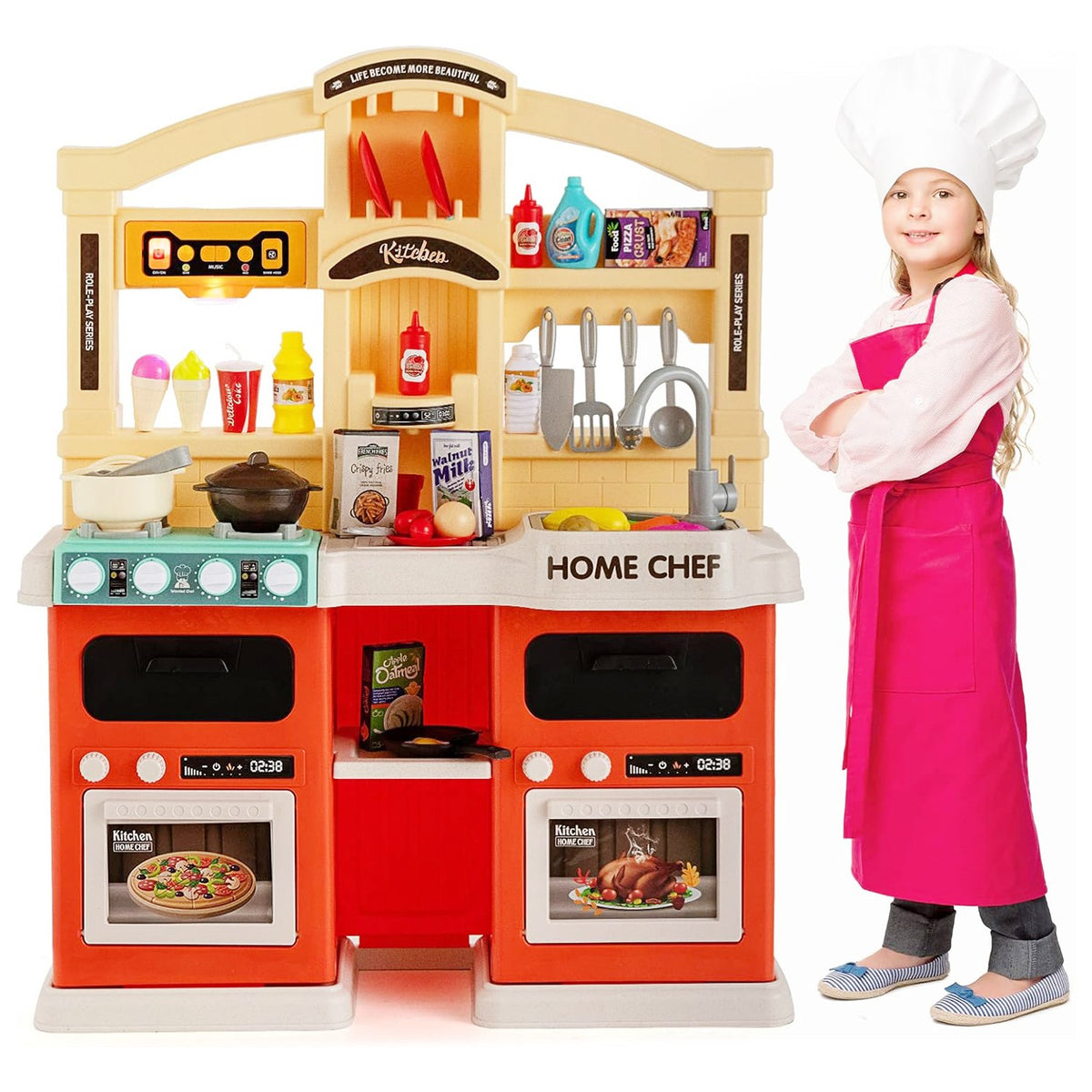 Bucatarie Multifunctionala pentru Copii Modern Kitchen Home Chef, Efecte Aburi, Lumini si Sunete, Robinet cu Circuit Apa, Plastic, 77 Piese, 83 x 66 x 24 cm, Portocaliu