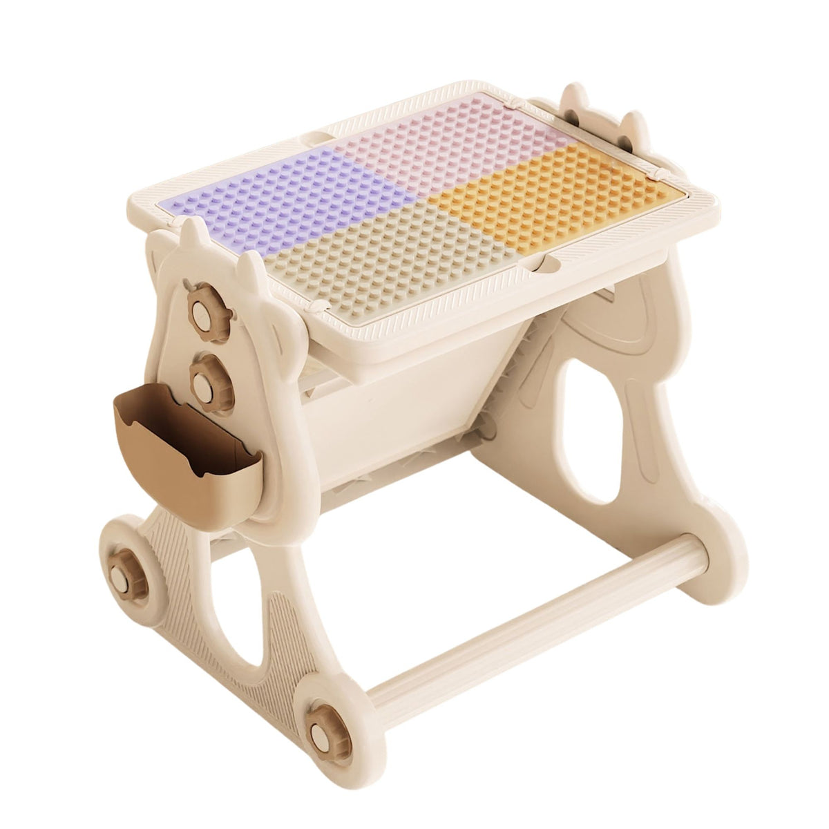Masa Educativa pentru Copii, Multifunctionala 4 in 1 cu Cos Baschet si Sevalet Desen, Plastic, Include Scaun si 178 Piese Tip LEGO Duplo, Spatiu Depozitare, 3+ Ani, Bej