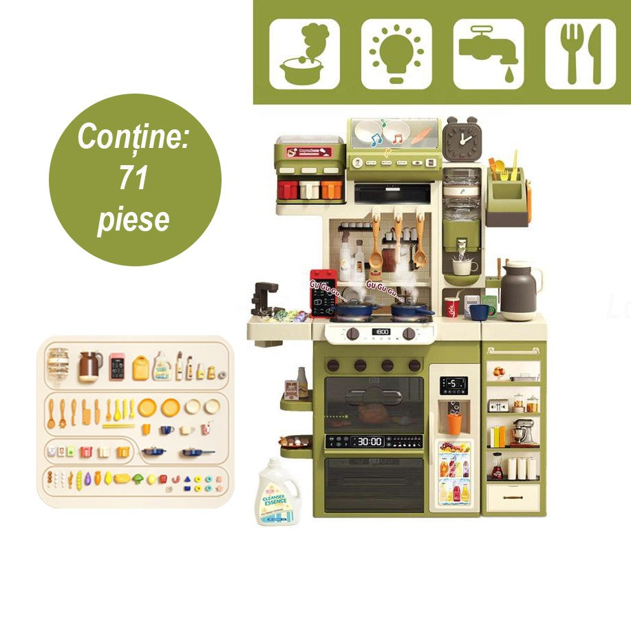 Bucatarie Multifunctionala pentru Copii, Joc de Rol cu Aburi, Lumini si Sunete, Chiuveta cu Apa si 71 Accesorii, Plastic, 122 x 87 x 28 cm, Verde/Alb