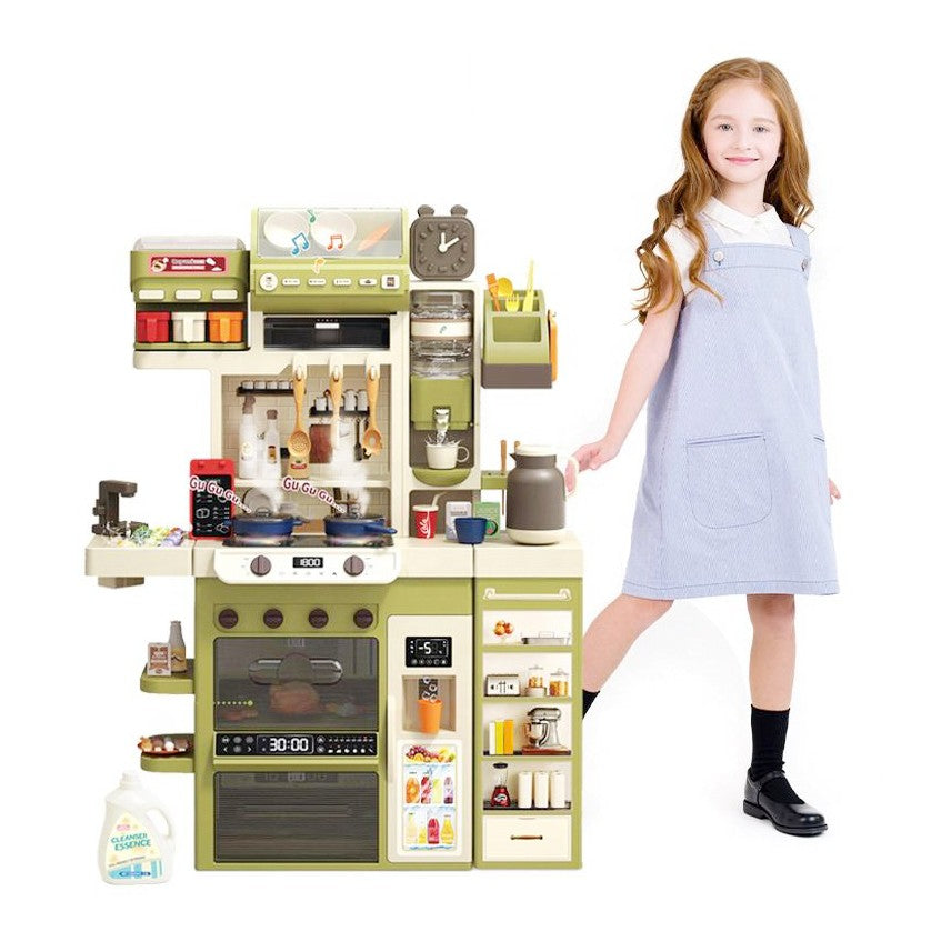 Bucatarie Multifunctionala pentru Copii, Joc de Rol cu Aburi, Lumini si Sunete, Chiuveta cu Apa si 71 Accesorii, Plastic, 122 x 87 x 28 cm, Verde/Alb