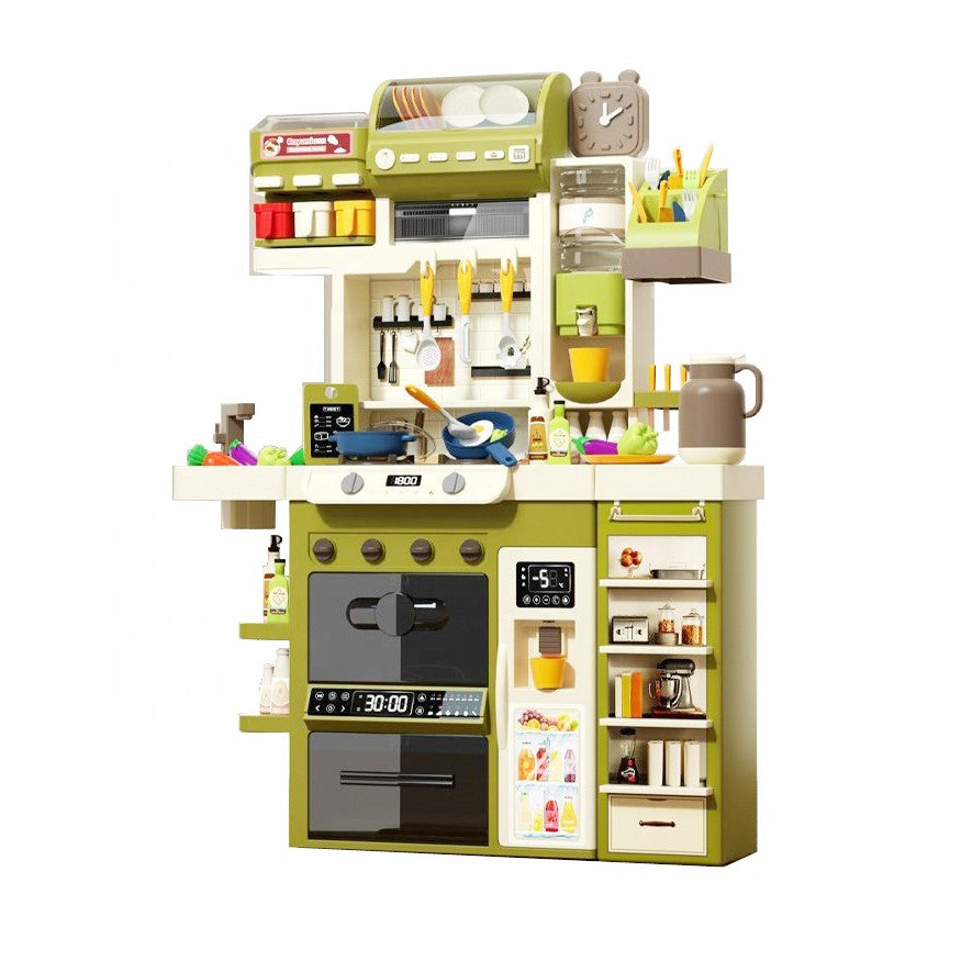 Bucatarie Multifunctionala pentru Copii, Joc de Rol cu Aburi, Lumini si Sunete, Chiuveta cu Apa si 71 Accesorii, Plastic, 122 x 87 x 28 cm, Verde/Alb