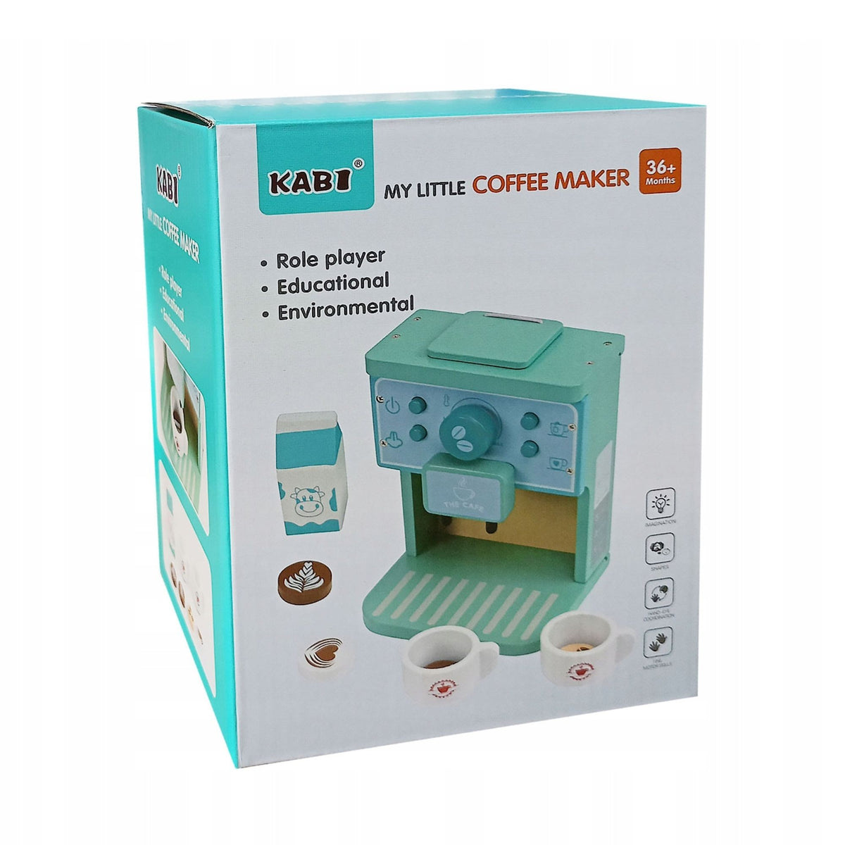 Aparat de Cafea pentru Copii, Espressor Jucarie Educativa, Set Barista cu Butoane Interactive, Lemn, 8 Piese, Verde/Albastru, 15 x 12.2 x 21.5 cm