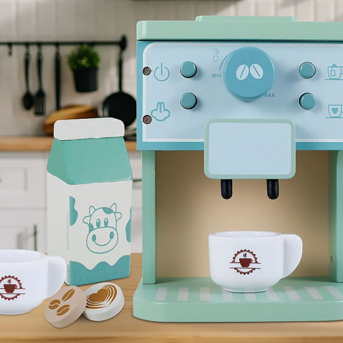 Aparat de Cafea pentru Copii, Espressor Jucarie Educativa, Set Barista cu Butoane Interactive, Lemn, 8 Piese, Verde/Albastru, 15 x 12.2 x 21.5 cm