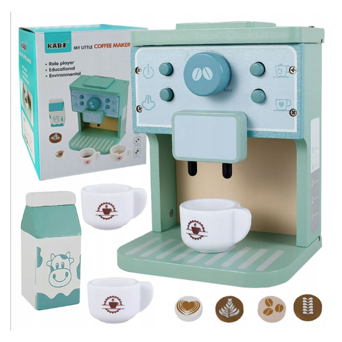 Aparat de Cafea pentru Copii, Espressor Jucarie Educativa, Set Barista cu Butoane Interactive, Lemn, 8 Piese, Verde/Albastru, 15 x 12.2 x 21.5 cm
