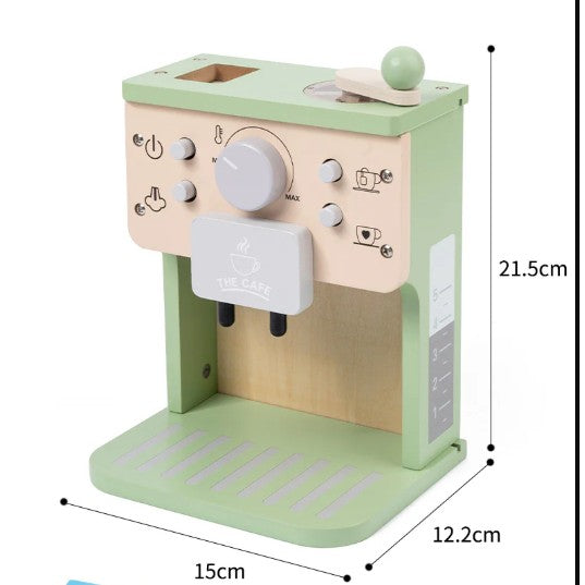 Aparat de Cafea pentru Copii, Espressor Jucarie Educativa din Lemn, Set Barista Interactiv cu 10 Piese si Accesorii, 15 x 12.2 x 21.5 cm, Verde/Bej