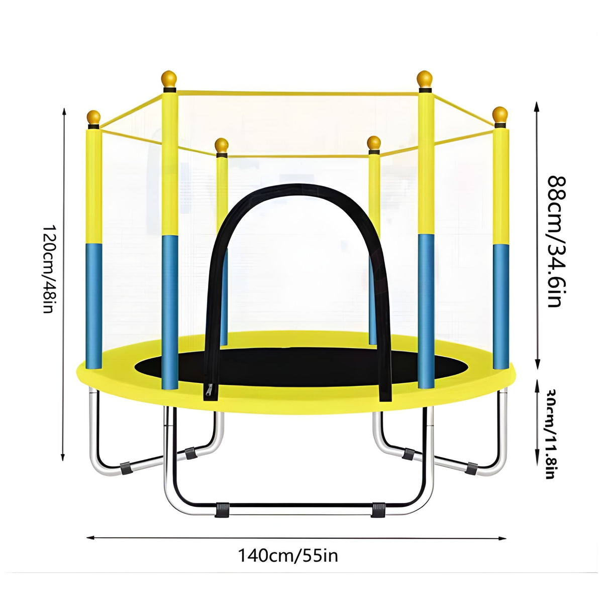 Trambulina pentru Copii si Gradina, Plasa de Siguranta cu Fermoar, Utilizare Interior si Exterior, Cadru Metalic, Sarcina Maxima 150 kg, 140 x 116 cm, Galben/Albastru