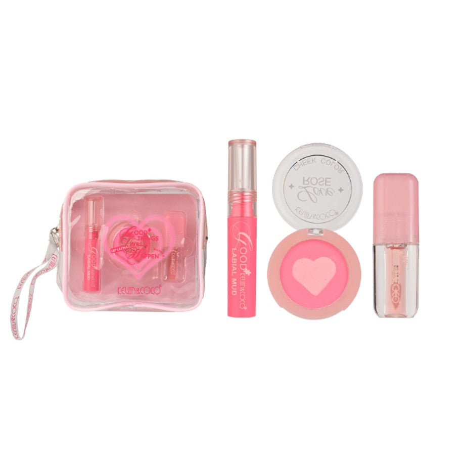 Kevin&Coco Set Machiaj Complet Good Things Will Happen, Kit Portabil cu Blush Lichid, Pudra Fard de Obraz Inima si Luciu de Buze, Portfard Transparent Inclus, 3 Piese, Roz