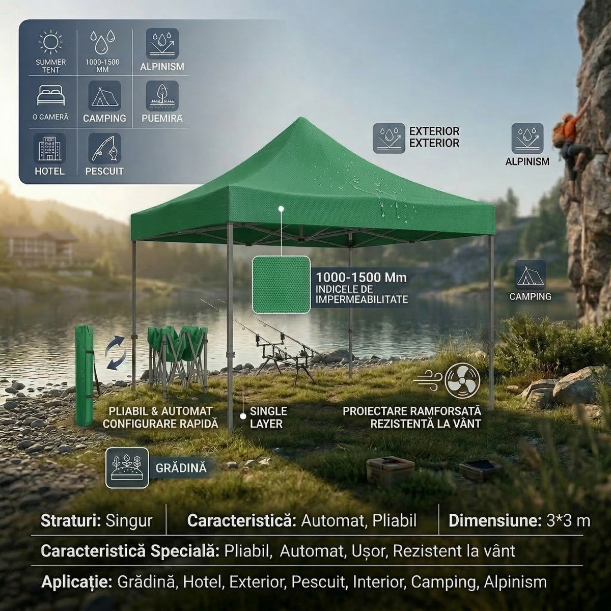 Cort Pavilion Gradina 3x3m, Cadru Metalic Pliabil Ranforsat, Acoperis Impermeabil Oxford 420D cu Protectie PVC, Verde