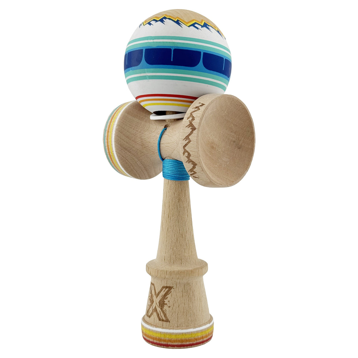 Kendama X Mountains Originala, Model V3 Albastru Multicolor, Profesionala, Cupe Mari King Size, Anti Skid, Gaura in Baza, Rulment, Ata 62cm