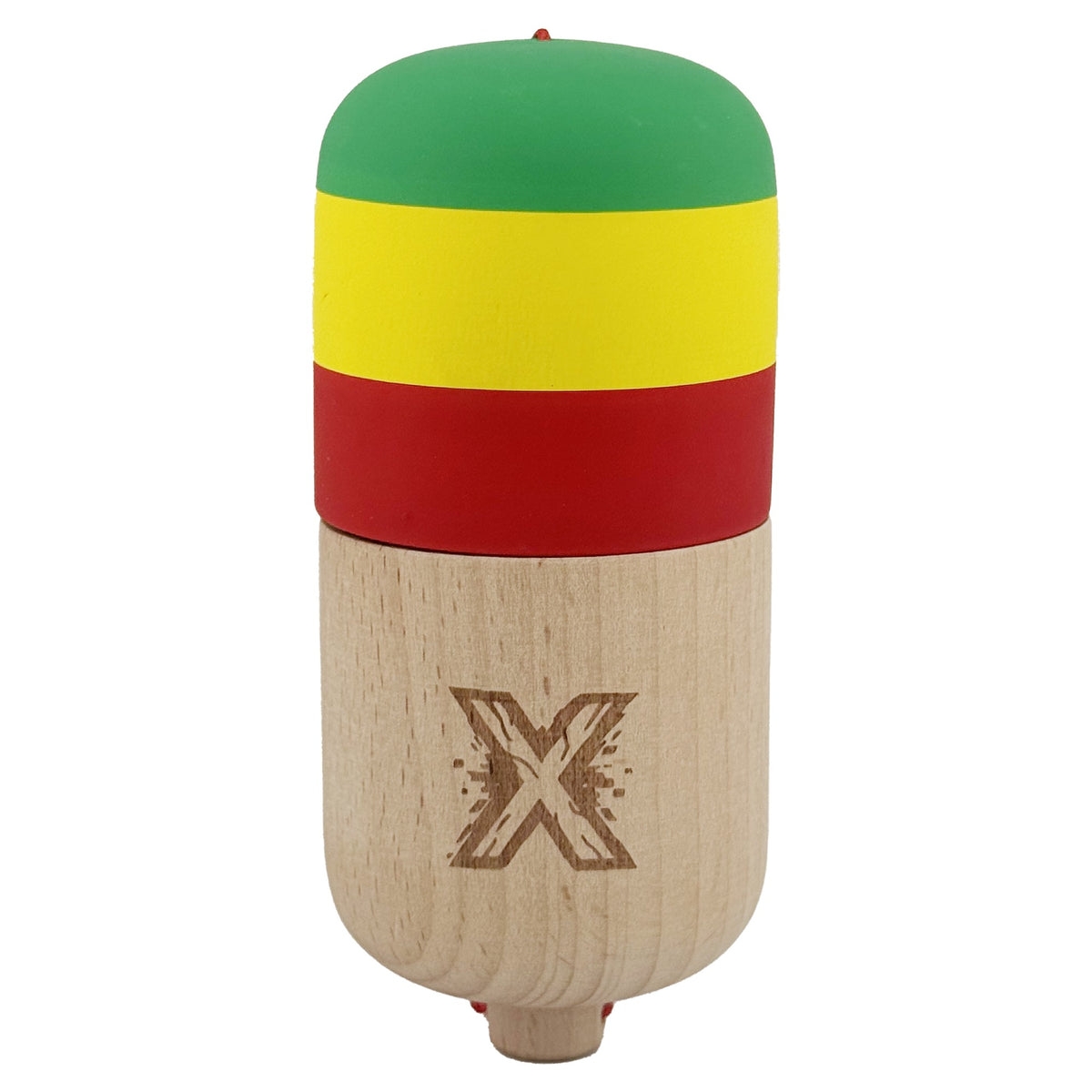 Kendama Pill X Profesionala, Joc de Indemanare Tip Pilula, Finisaj Rubber Grip, Lemn, 11 x 5 cm, Verde/Galben/Rosu