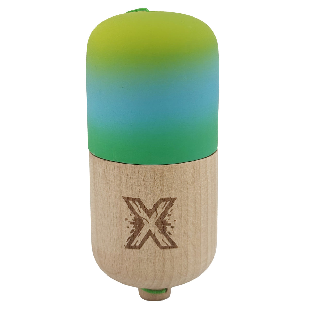 Kendama Pill X Profesionala, Joc de Indemanare Tip Pilula cu Rubber Grip, Lemn Natural, 11 x 5 cm, Gradient Galben Albastru Verde