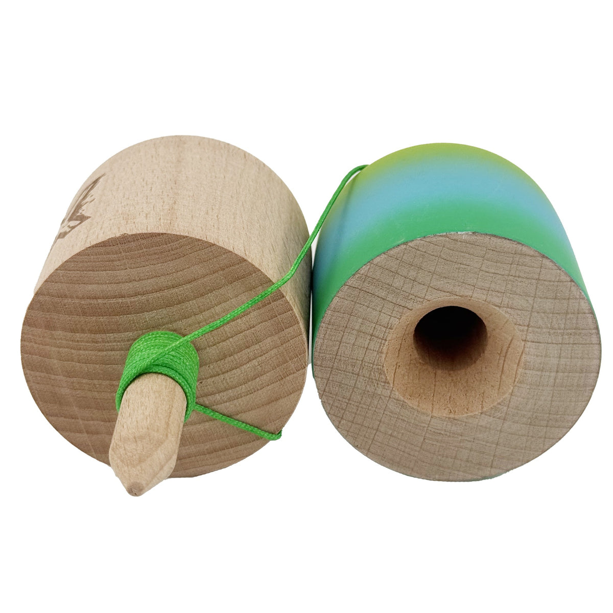 Kendama Pill X Profesionala, Joc de Indemanare Tip Pilula cu Rubber Grip, Lemn Natural, 11 x 5 cm, Gradient Galben Albastru Verde